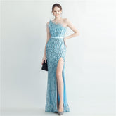 Heavy Industry Ostrich Hair Craft Bundle Hair Oblique Shoulder Side Slit High End Evening Dress